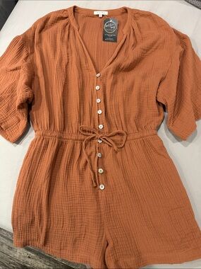 Z Supply Rust Orange Button-Front Gauze Romper